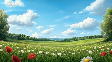 Beautiful Summer Meadow With Red Poppies And Daisies Under A Blue Sky