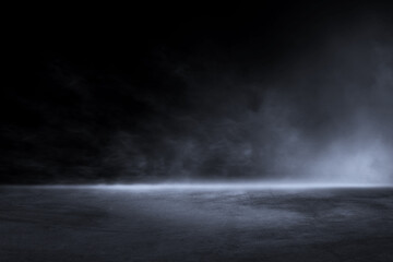 3D Rendering abstract asphalt light in dark street and smoke on black background