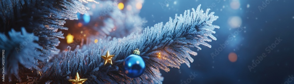 Poster frosty christmas tree branch adorned with ornaments and bokeh lights