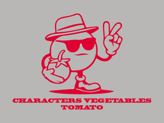 Obraz premium Illustration vector cute cartoon drawings tomato ,groovy retro illustration vector logo characters vegetables tomato, logo background groovy tomato cartoon character up with smile illustration vector