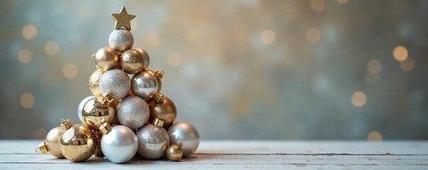 Tall stack of glittering silver and gold ornaments forming a tree, decor, silver, gold