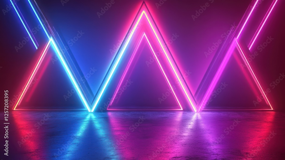 Poster abstract neon triangles illuminate a reflective surface with vibrant colors