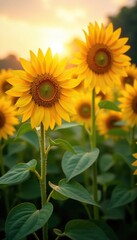 Fototapeta premium Tall sunflowers with golden petals facing the warm sunlight, radiant, proud, sunny