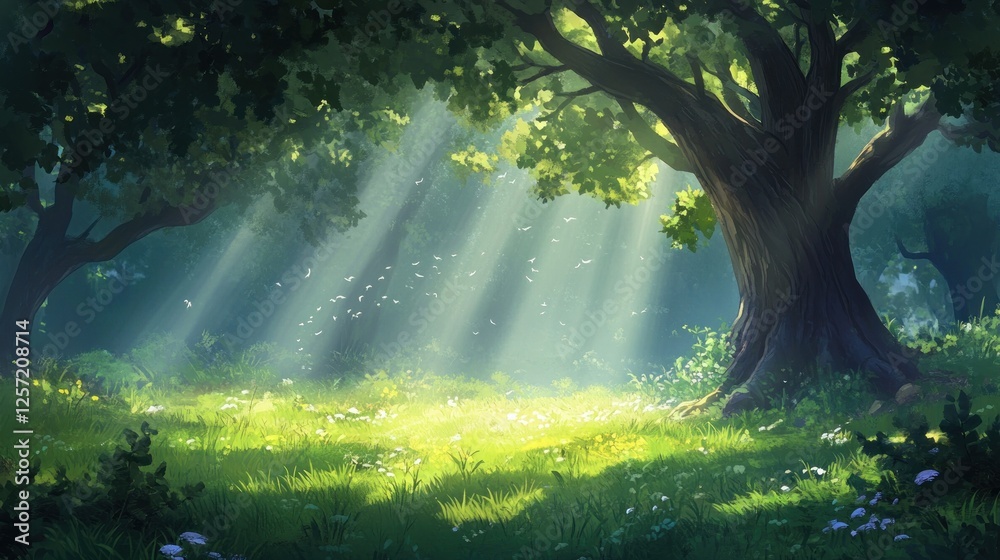 Poster sunbeams filter through the forest canopy illuminating the meadow