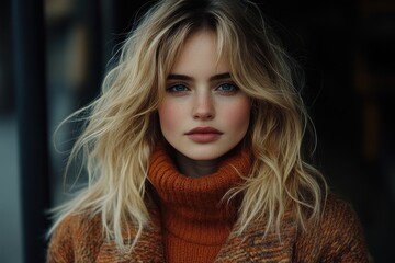 Fototapeta premium A young woman with long, wavy blonde hair looks directly at the camera. She is wearing a rust-colored turtleneck sweater.