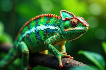 Obraz premium The chameleon blends into its surroundings seamlessly, blend, foliage, green