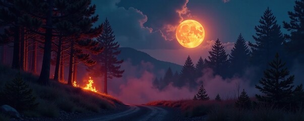 Fototapeta premium The moon casts an otherworldly glow on a forest fire burning through the night air, eerie, misty
