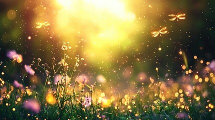 Magic Meadow at Sunrise;  Dragonflies in a Field.  Possible Stock Photo Use