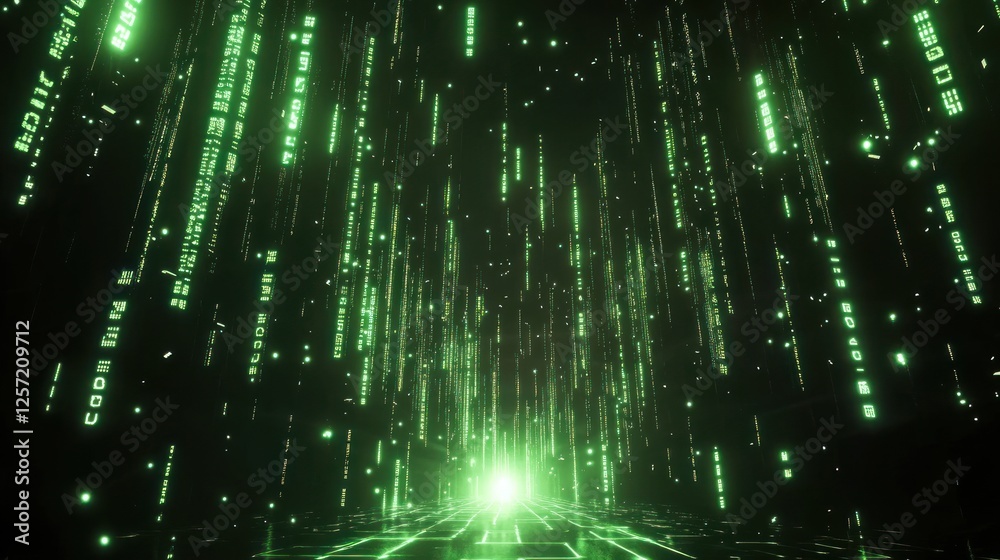 Poster digital rain descends onto illuminated grid platform in green