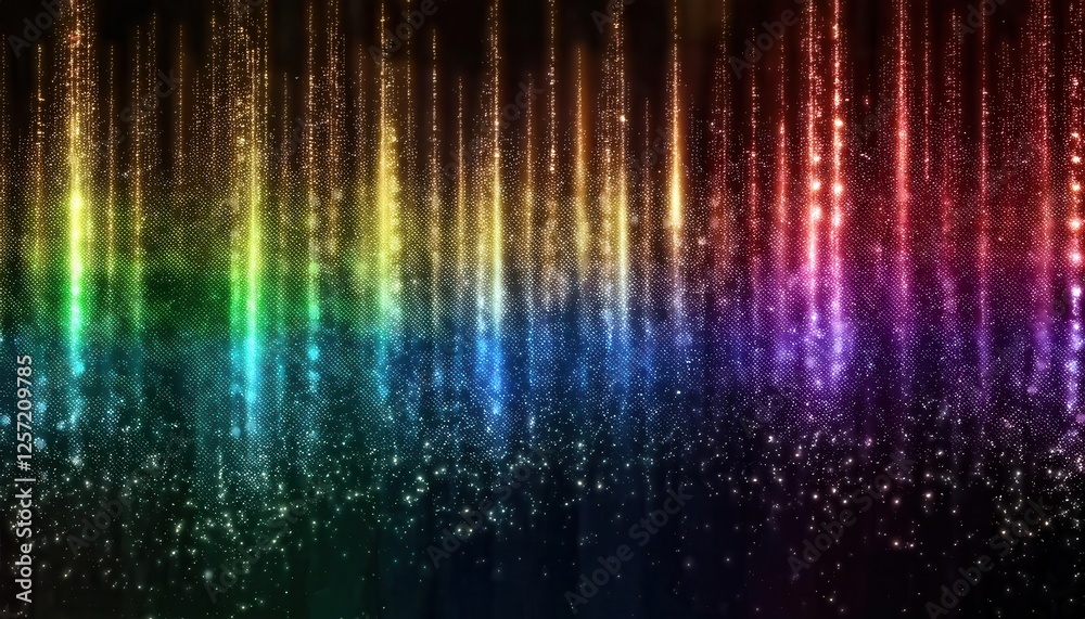 Aufkleber multicolor vertical light beams with shimmering particle glow, gradient spectrum for digital background and design