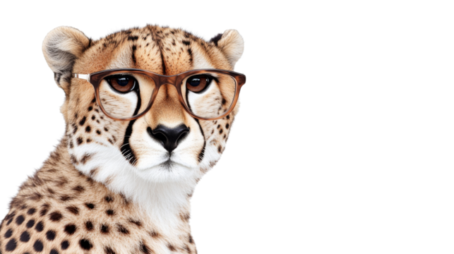 Cheetah wearing eyeglasses on transparent background