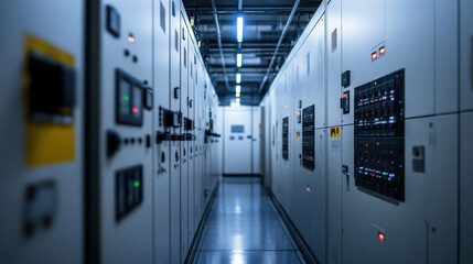 A modern corridor in a data center with rows of computer network servers and storage units in a sleek, empty hallway