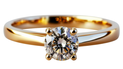 Shiny gold ring with big brilliant diamond on transparent background