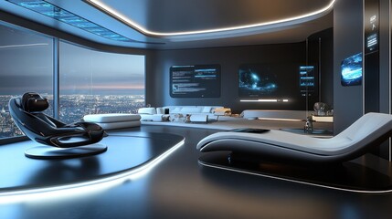 Futuristic interior showcasing sleek furniture and panoramic city views