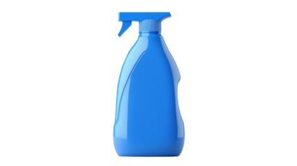 Blue plastic spray bottle on transparent background for cleaning and disinfecting