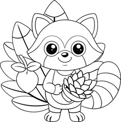 Adorable Red Panda Coloring Page, Tropical Leaves, Fruit, Flower