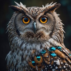 Obraz premium A mystical owl with shimmering gemstone eyes, each feather detailed with small, glowing colored stones.