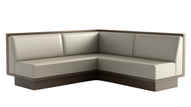 Modern beige corner sofa with wooden frame on transparent background