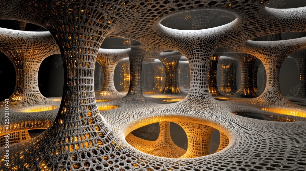 Poster Futuristic architecture featuring interconnected structures with glowing orange light