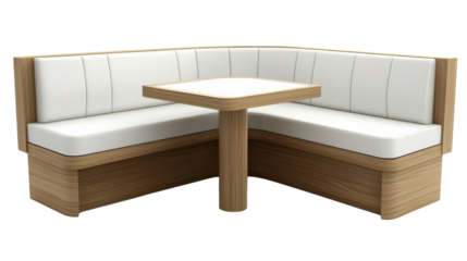 Modern corner booth seating with square table on transparent background