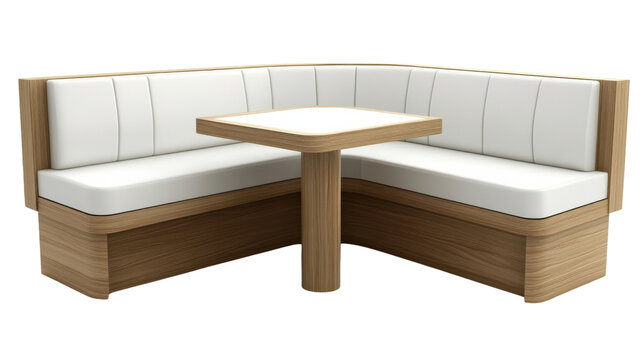 Modern corner booth seating with square table on transparent background