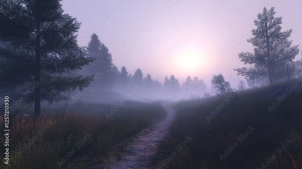 Poster fog shrouds a path through trees and tall grass