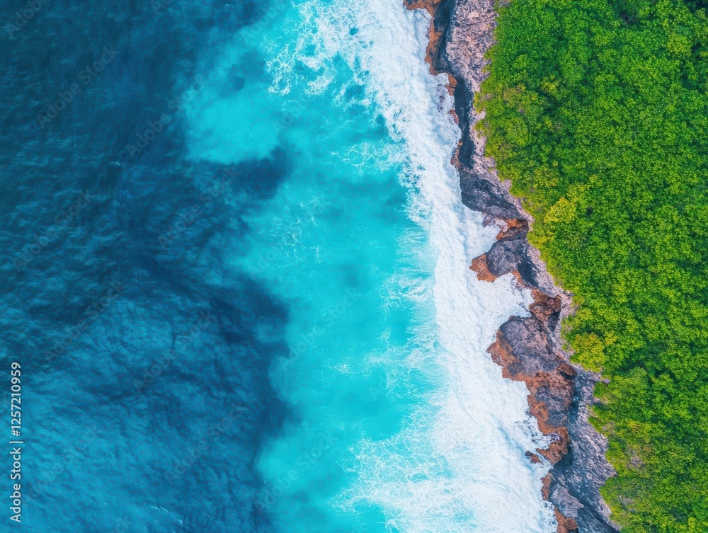 Poster aerial view of the ocean with rocky coastline and waves crashing on the shore during daylight