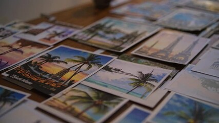 Aerial view of scattered travel postcards on a wooden table, softly lit by natural light, creating a nostalgic video travel montage vibe.