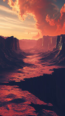 Naklejka premium A barren rocky desert with jagged cliffs and red-orange hues