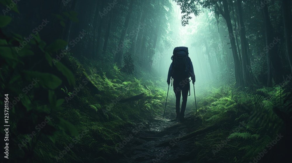 Poster hiker with backpack walking through a dense and foggy forest