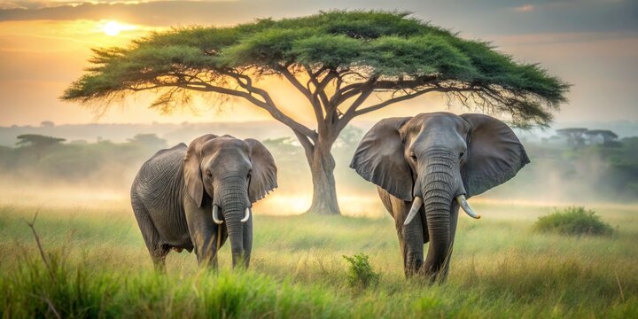 Majestic Elephants Walking in Grassland Under Sunset Sky