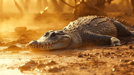 Obraz premium Large alligator rests in warm sunlight near the water