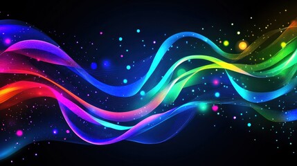 Bright colorful wavy lines overlay a starry black background