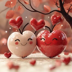Mockup Two Playful Hearts with Cheerful Faces Embracing Each Other in a Whimsical and Colorful Style Representing Love and Joy in a Charming Illustration Valentine"s Day