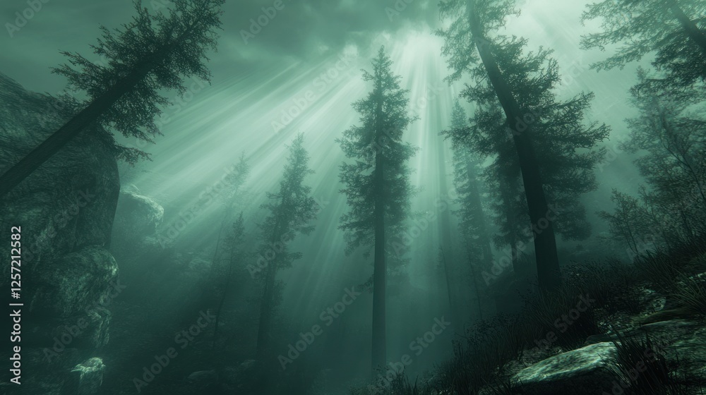 Poster sunlight streams through misty forest canopy illuminating the landscape
