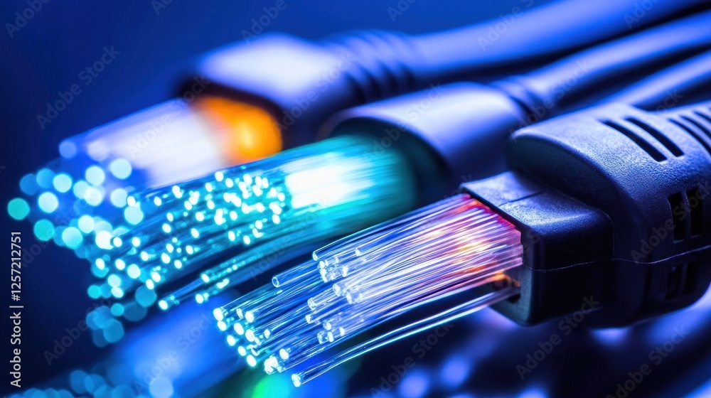 Poster illuminated fiber optic cables transmitting data in close up view