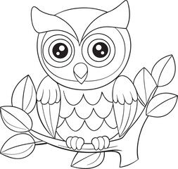 Adorable Cartoon Owl Perched on Branch Coloring Page Illustration