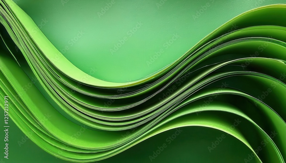 Poster curved green paper layers forming abstract wave pattern for modern graphic design and eco-themed visual background
