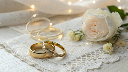 Elegant Wedding Bliss: Gold Rings, Soft Florals, and a Touch of Light"