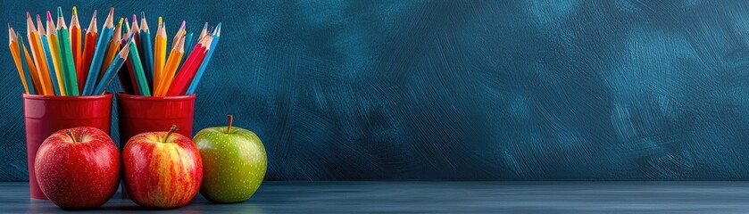 School supplies, apples, blue background. Education concept