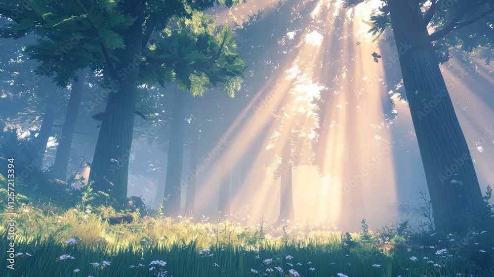 Poster Sunbeams stream through the trees in a serene forest