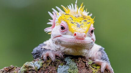 Fototapeta premium Colorful lizard perched on mossy log, rainforest background; nature wildlife photography