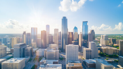 Obraz premium Cityscape Sunbeams: A vibrant cityscape with gleaming skyscrapers reaching for the sky, bathed in the warm glow of a sun-drenched afternoon. The image evokes a sense of ambition, progress.