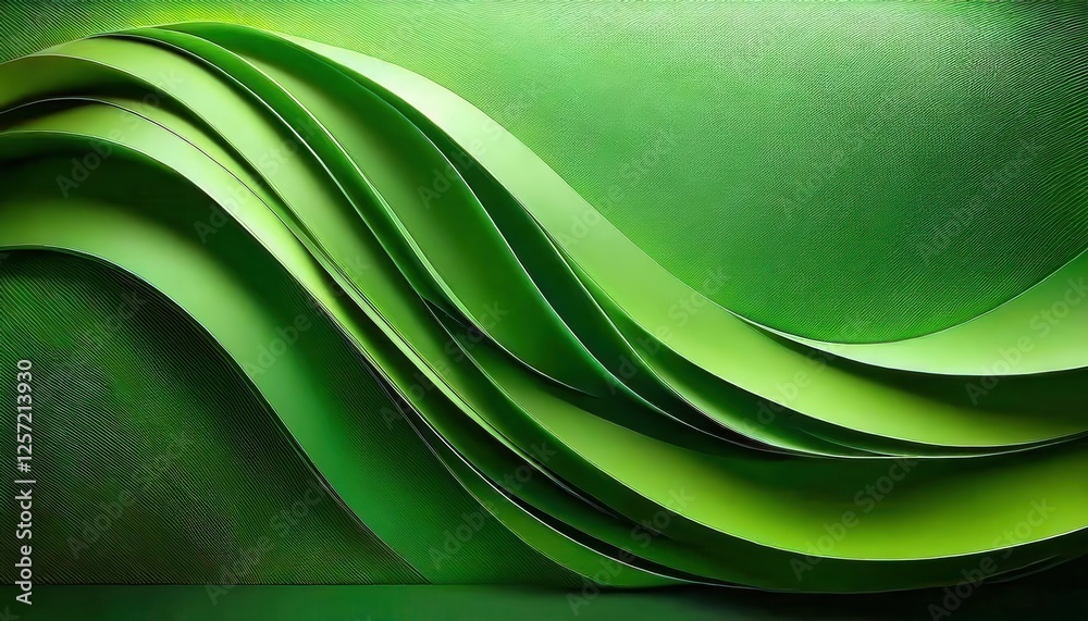 Poster curved green paper layers forming abstract wave pattern for modern graphic design and eco-themed visual background