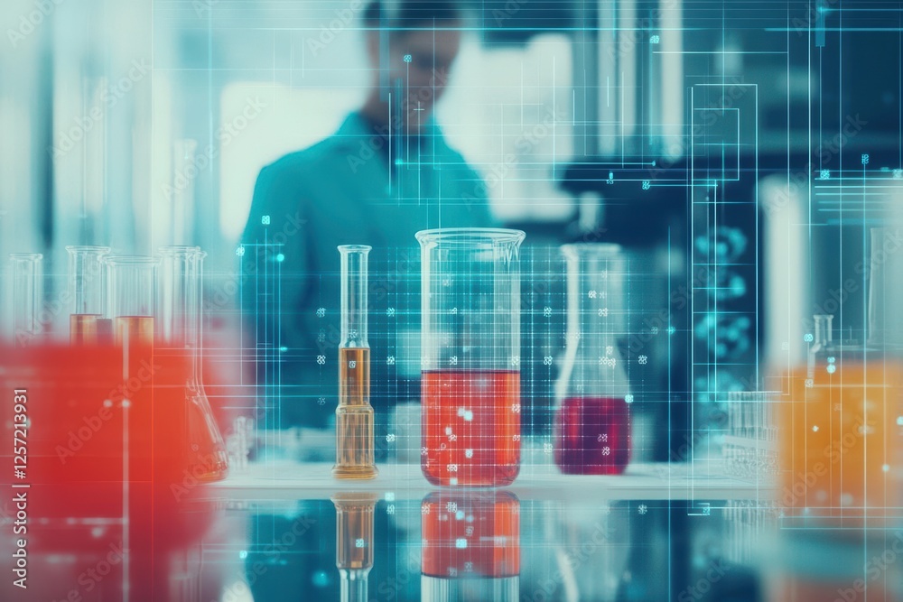 Poster scientist conducting research and experiments in a modern laboratory environment with scientific equ