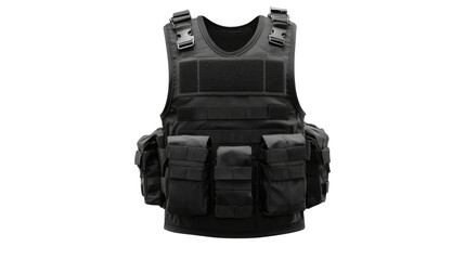 Black tactical vest with multiple pockets on transparent background