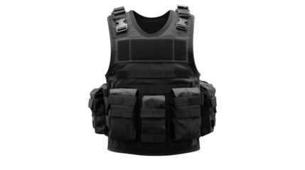 Black tactical vest with multiple pockets on transparent background