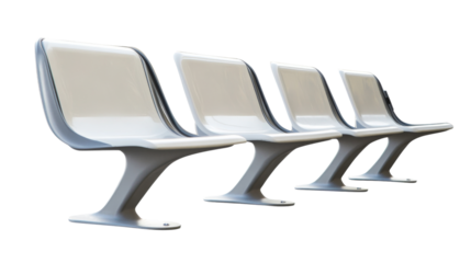 Four empty white and gray chairs in waiting area on transparent background
