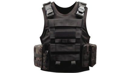 Modern tactical body armor vest with pouches on transparent background