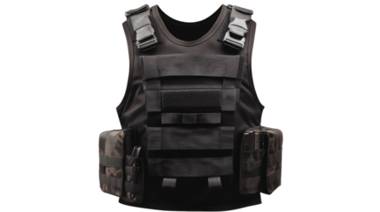 Modern tactical body armor vest with pouches on transparent background